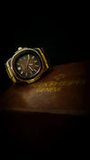 Luxury gold men’s watch with brown dial on Patek Philippe box, premium men’s accessory