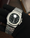 Nautilus-Style Silver Black Watch