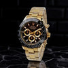 Gold luxury men's chronograph watch with black dial and gold accents, modern design.