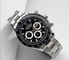 Luxury men’s stainless steel chronograph watch with black dial and silver bracelet