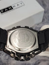 Close-up of men's stainless steel watch back, Farray branded box in background, Ministry of Mens Affair premium watches.